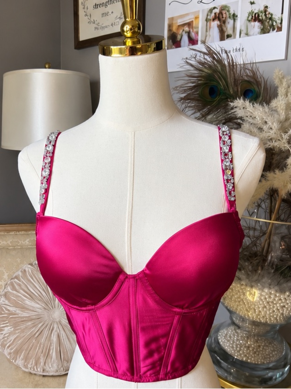 Victoria's Secret Dream Ángel Fuchsia Satin Longline Bustier with Crystal Straps